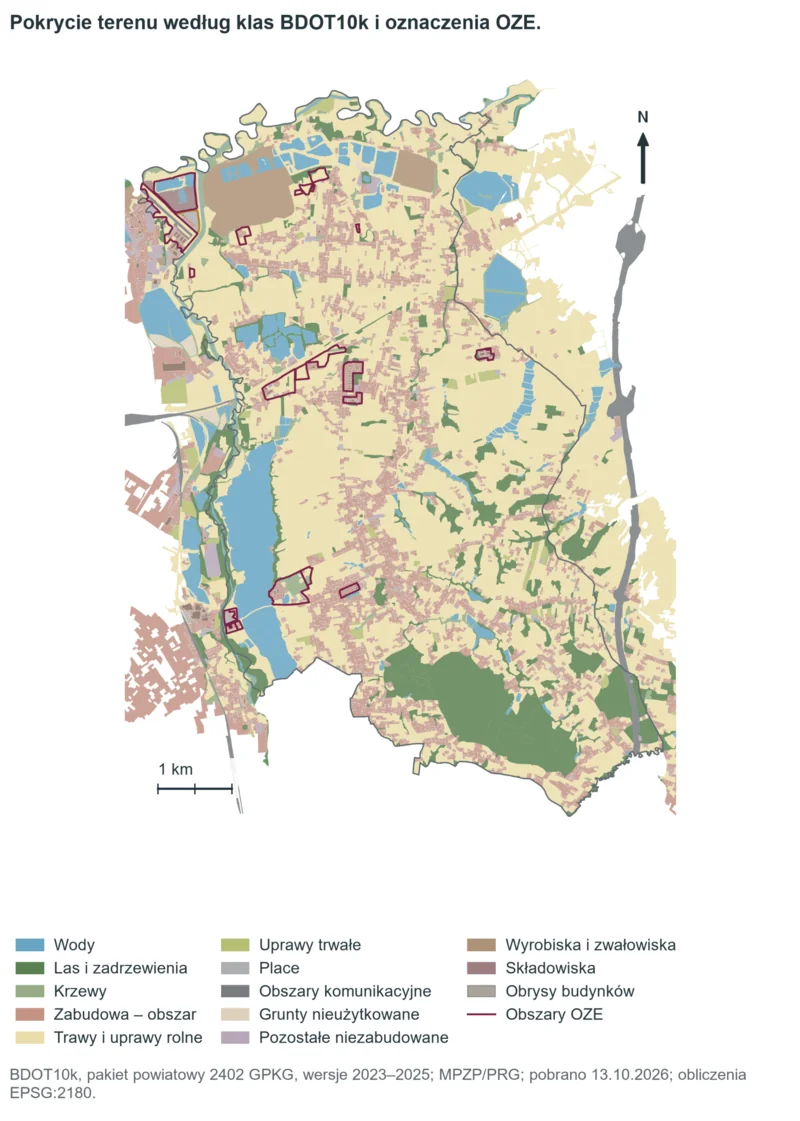 Mapa rozróżnia kolorami wody, lasy, zabudowę, tereny rolne i inne klasy pokrycia terenu, a bordowymi liniami wyróżnia obszary odnawialnych źródeł energii.