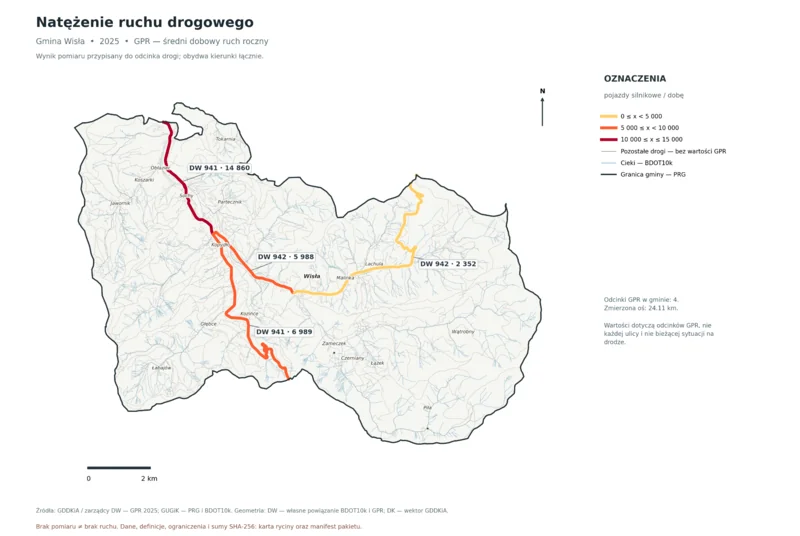 Mapa gminy Wisła wyróżnia cztery odcinki dróg wojewódzkich żółcią, pomarańczem i czerwienią oraz podaje przypisane im wartości średniego dobowego ruchu.