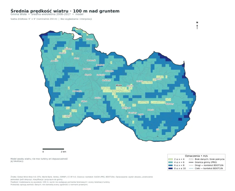 Mapa gminy Wisła przedstawia zróżnicowanie modelowej prędkości wiatru od jasnej zieleni do ciemnego błękitu, z nazwami miejscowości i części miasta.