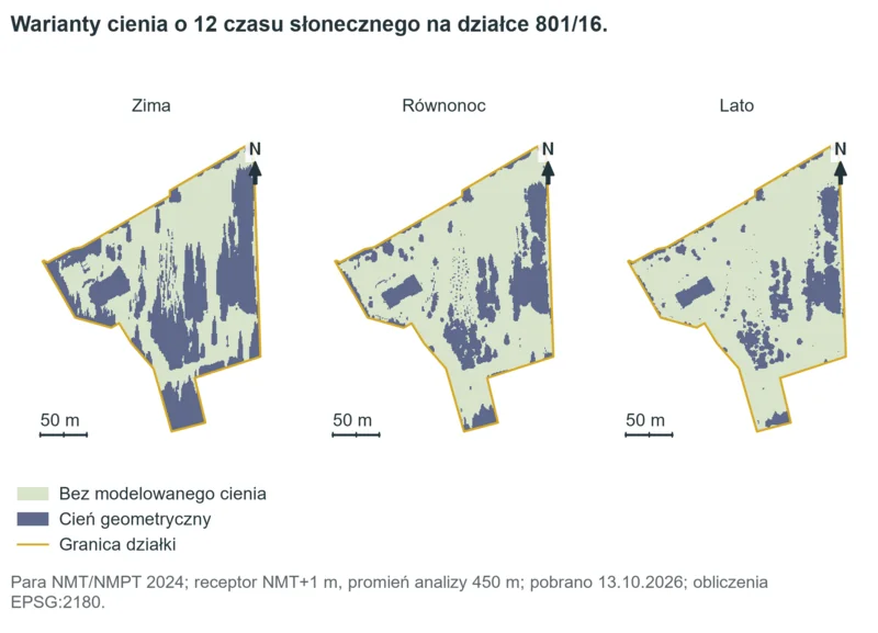 Trzy mapy tej samej działki przedstawiają fioletowe obszary cienia na jasnozielonym tle w wariantach dla zimy, równonocy i lata.
