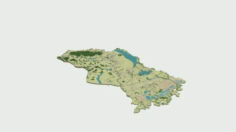 Ukośny widok 3D całego obszaru pokazuje rozmieszczenie zabudowy, terenów rolnych, lasów i zbiorników wodnych.